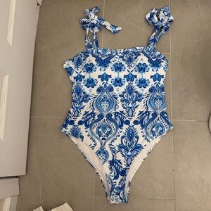 SHEIN Blue and White One-Piece Swimsuit